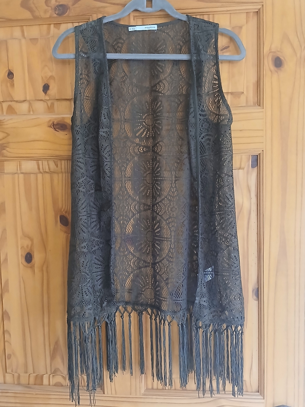 Maurices Olive Crochet Fringe Vest